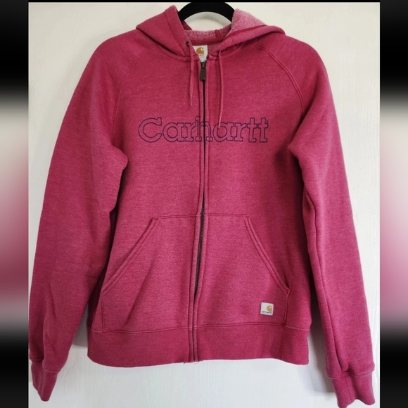 Carhartt Women Full Zip Sweatshirt Fleece Hoodie Pink Medium Embroidered Logo - Picture 1 of 10